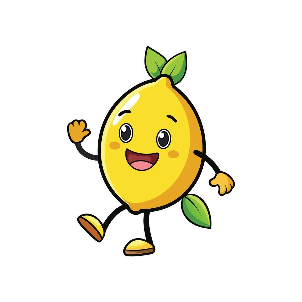 Cartoon Lemon Character Waving with Smiling Face and Leaves vector