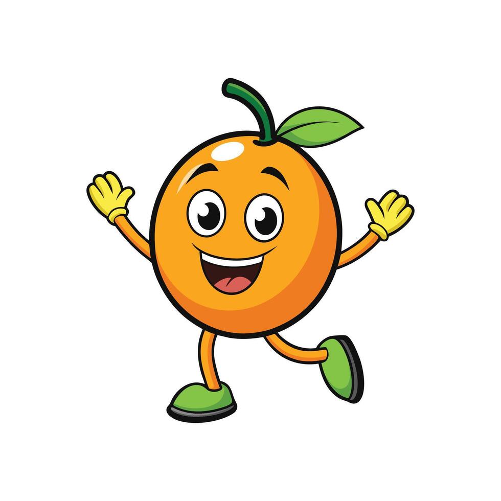 A cartoon style orange fruit character smiling with arms raised and legs running. The character has a friendly expression. vector