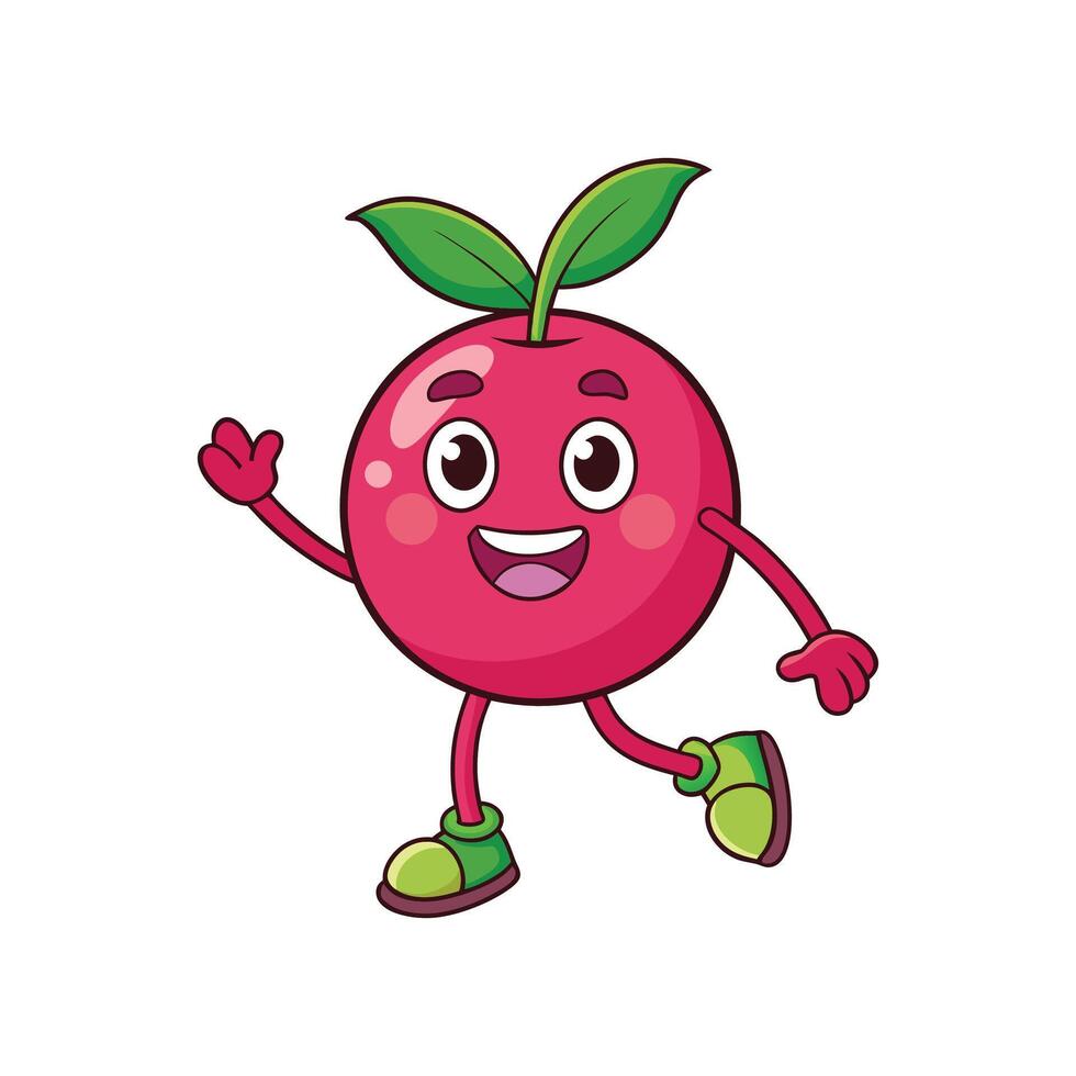 Cartoon cherry character waving and walking cheerfully, isolated image vector