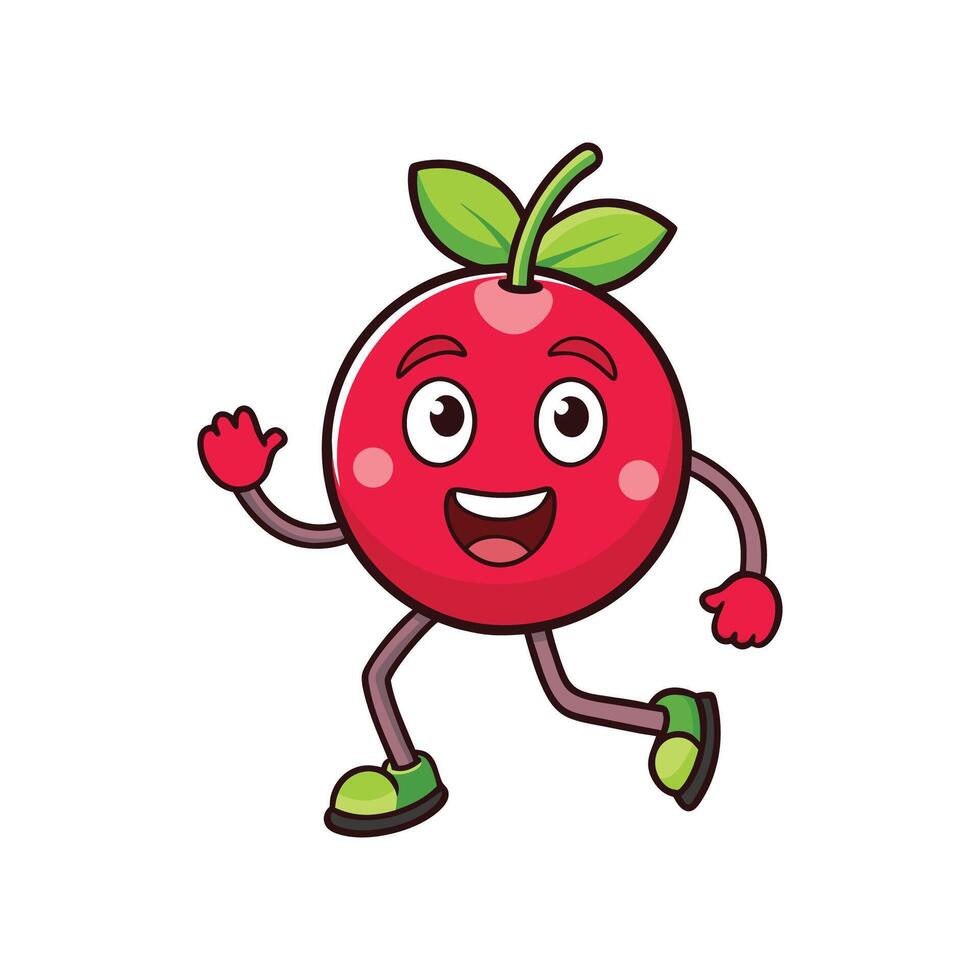 Cartoon cherry character waving and walking on white background vector