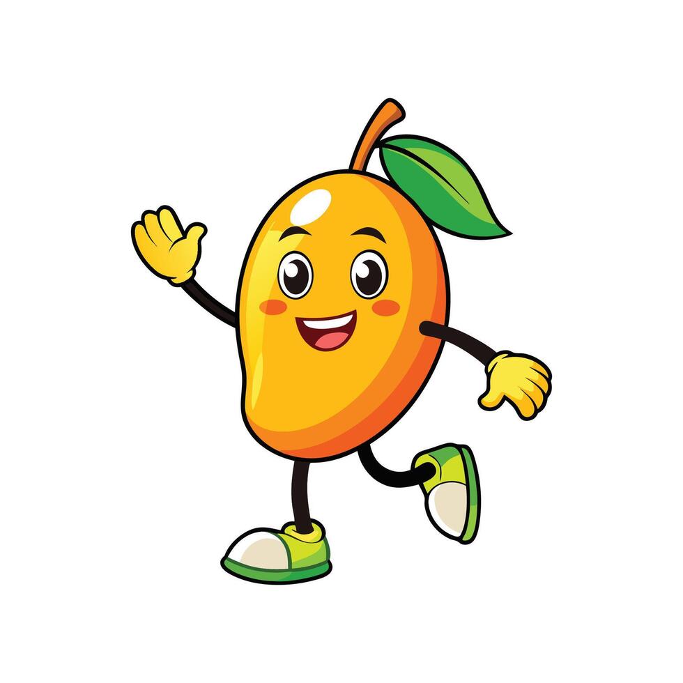 Happy cartoon mango character cheerfully waving hello isolated vector