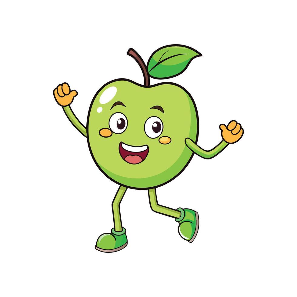 Cheerful Green Apple Cartoon Character Running and Smiling Illustration vector