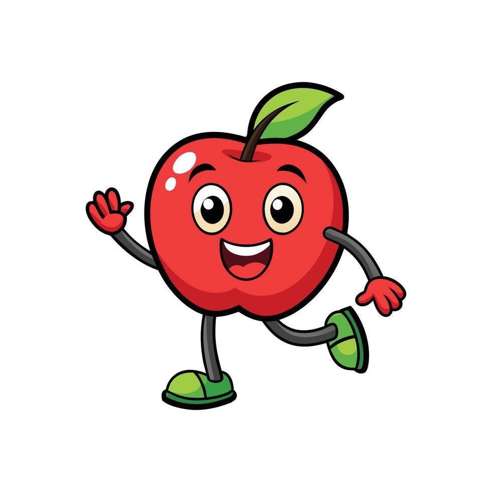 Cheerful Cartoon Apple Character Running with Waving Hand vector