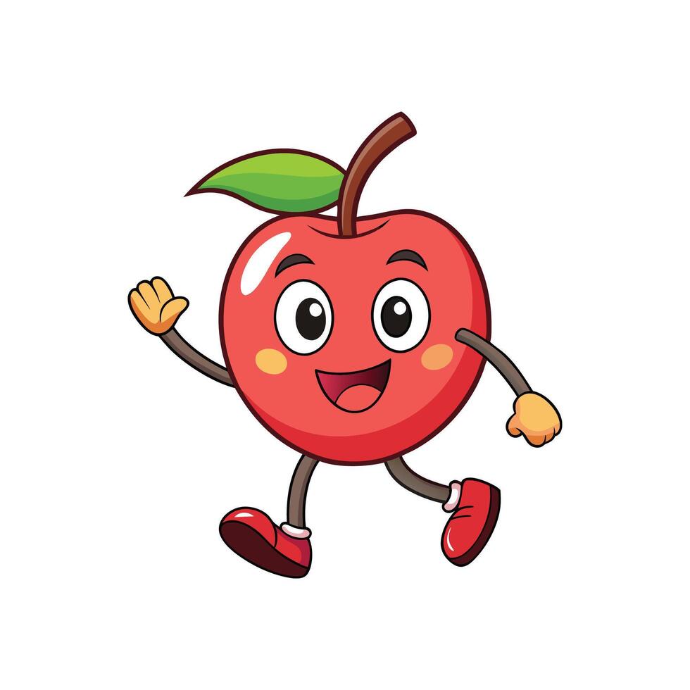 Happy cartoon apple character with smile and waving hand vector