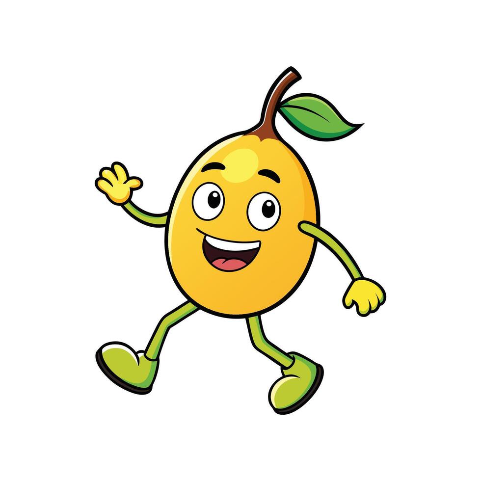 Happy yellow cartoon fruit character walking with cheerful expression vector