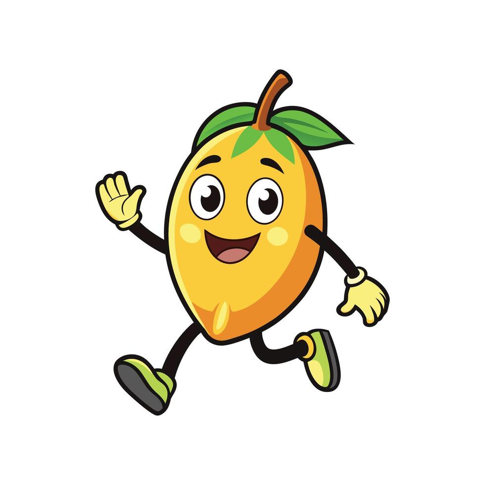 Happy mango fruit cartoon character running and waving cheerfully vector