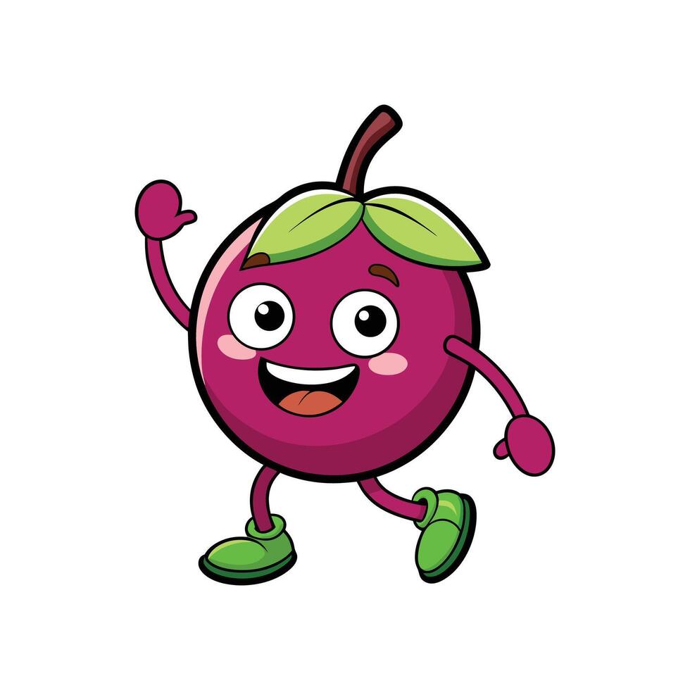 Cheerful mangosteen character waving, walking against a white background vector