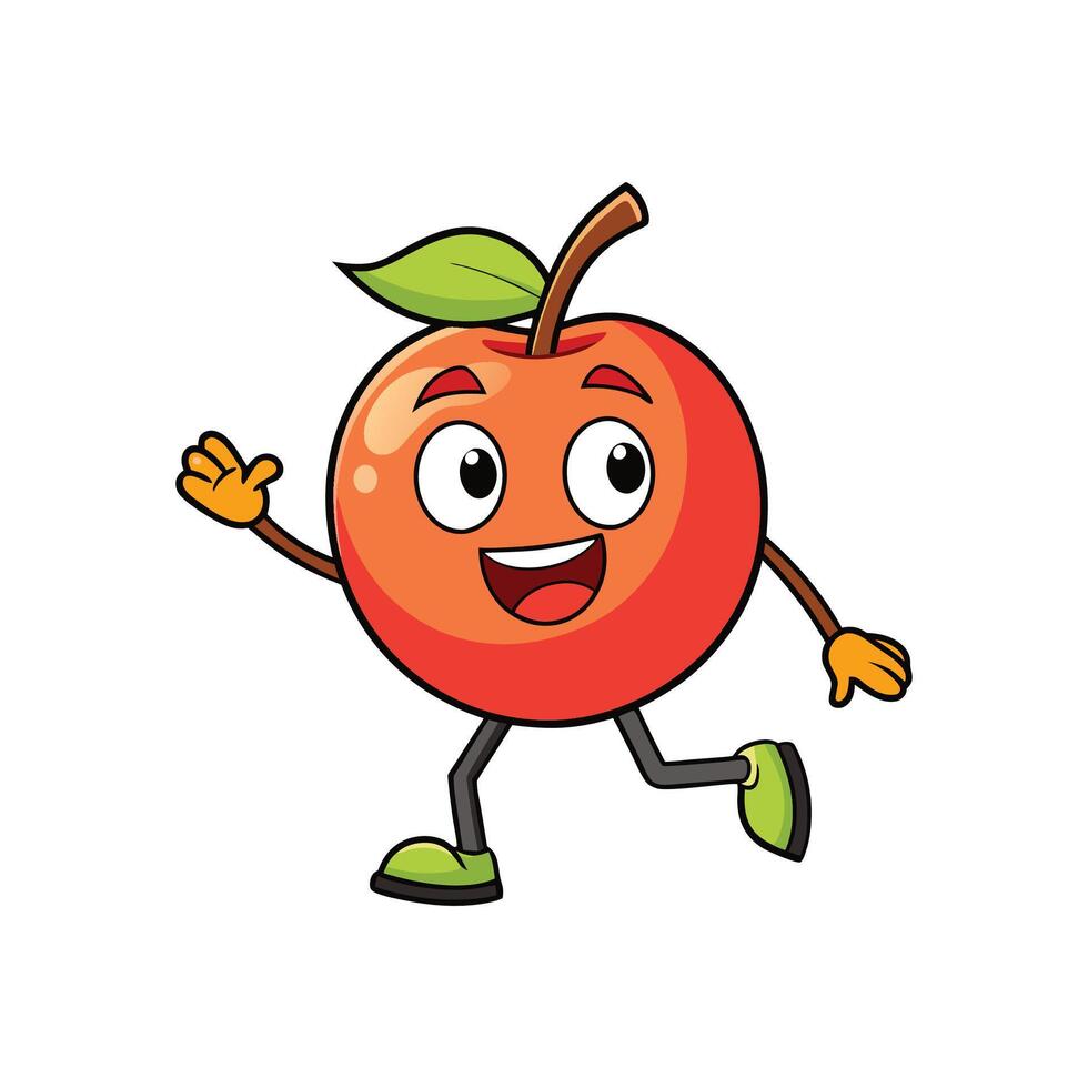 Cartoon apple character with friendly expression running and waving vector