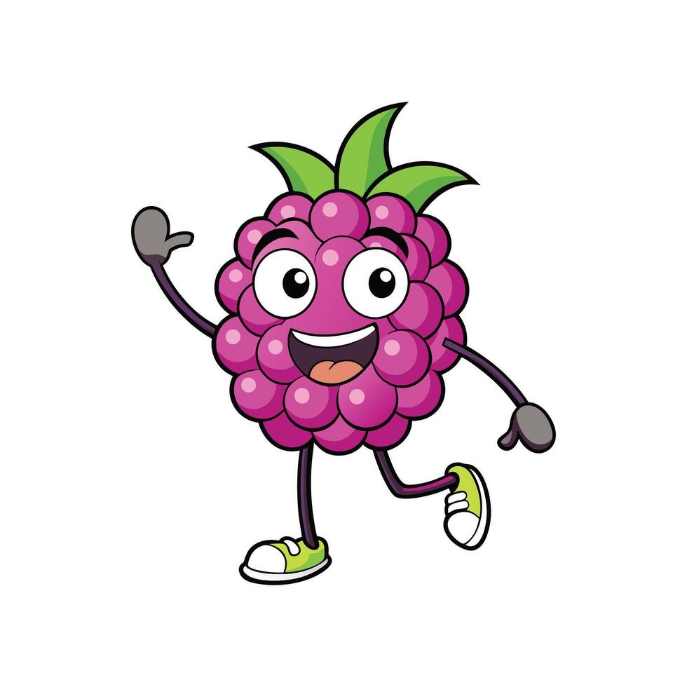 Happy cartoon raspberry character waving its hand cheerfully vector
