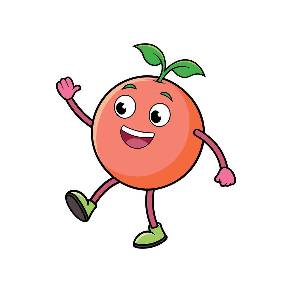 Cheerful cartoon peach character waving hello on white backdrop vector