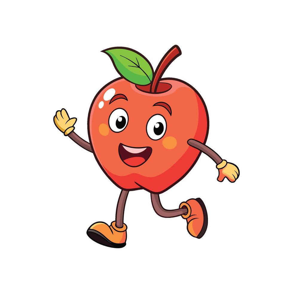 A cartoon apple character with arms and legs, running and waving, creating a cheerful and playful illustration style. vector