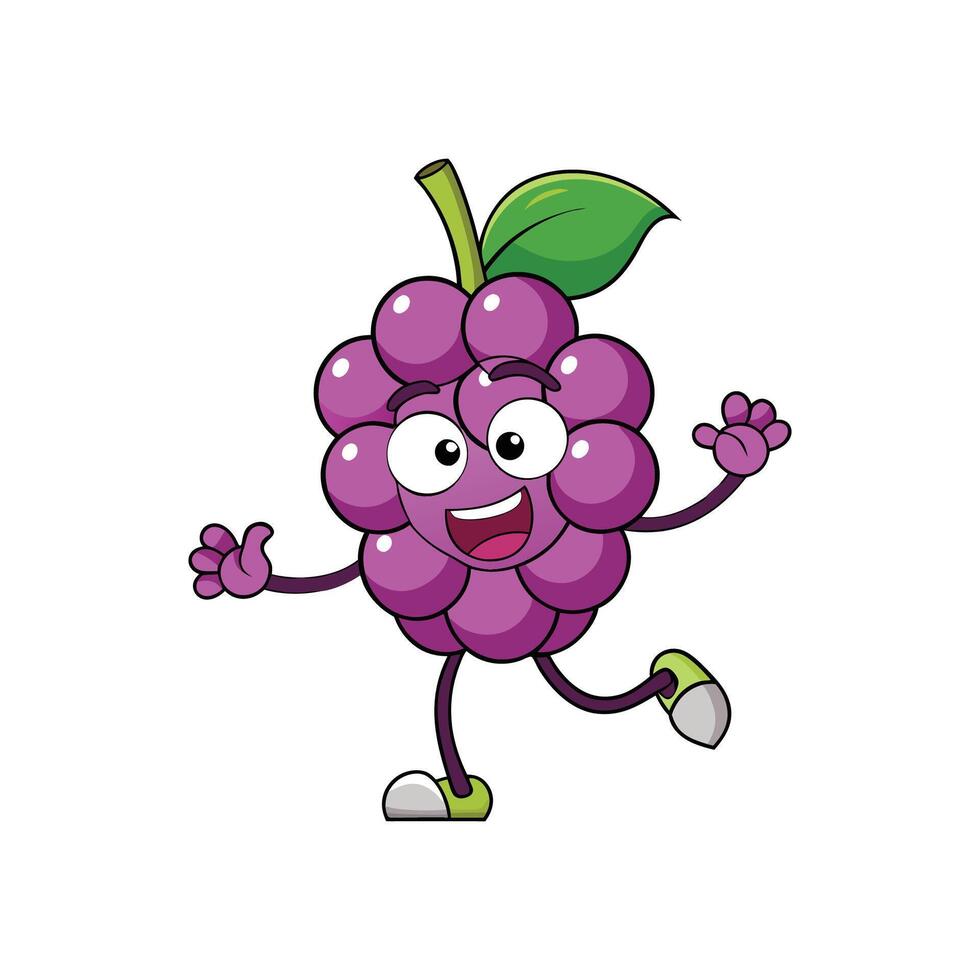 A cheerful cartoon grape character walking with a smile, isolated on white background, flat design. vector