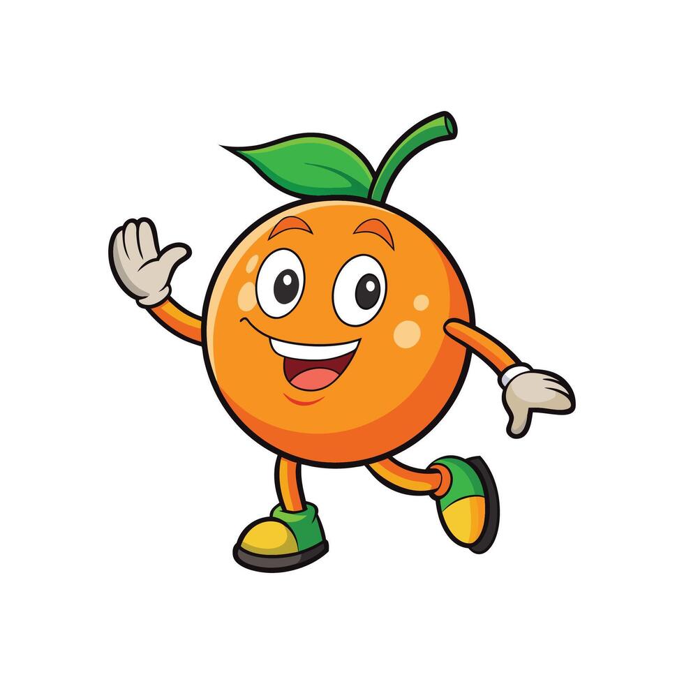 A cheerful cartoon orange running with a smile and waving. The style is vibrant and playful against a white backdrop. vector