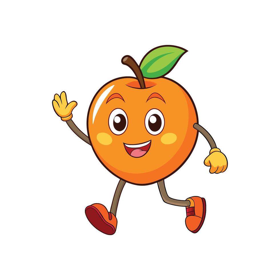 Cartoon style illustration of a happy orange character walking and waving. Cheerful, friendly design suitable for childrens products and health campaigns. vector