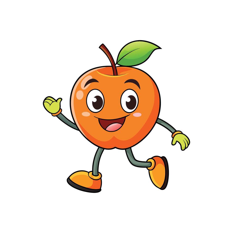 Cartoon apple character cheerfully walking with waving gesture isolated vector