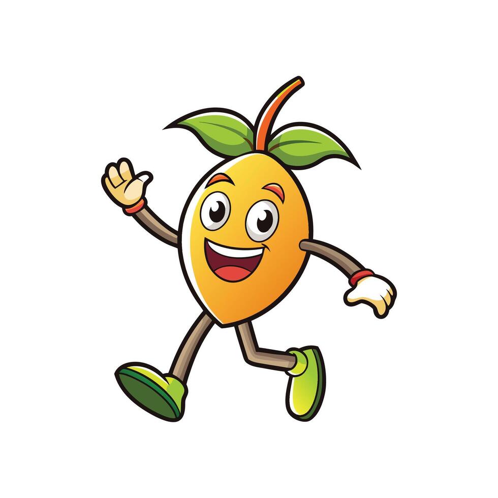 Happy mango fruit cartoon character waving and walking forward vector