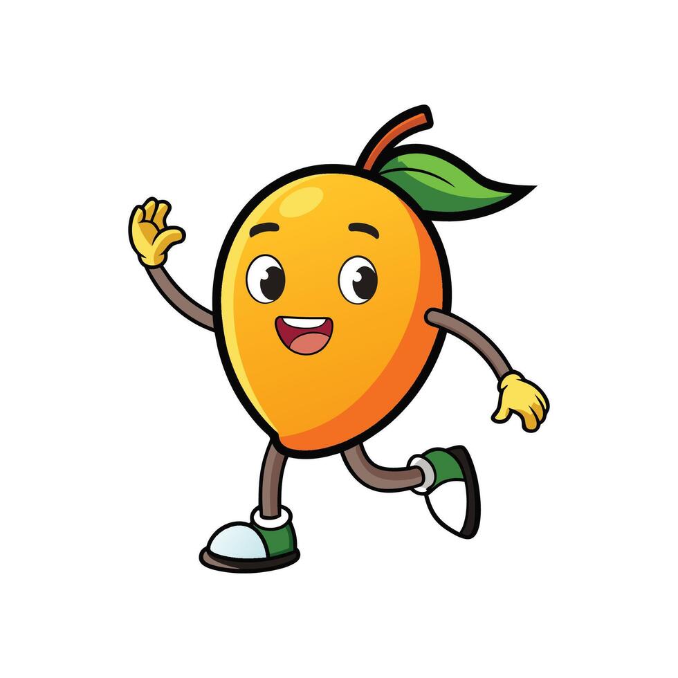 Cheerful mango cartoon character running and waving hand vector