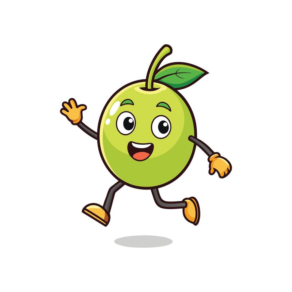 Cartoon apple character running on white background cheerfully waving vector
