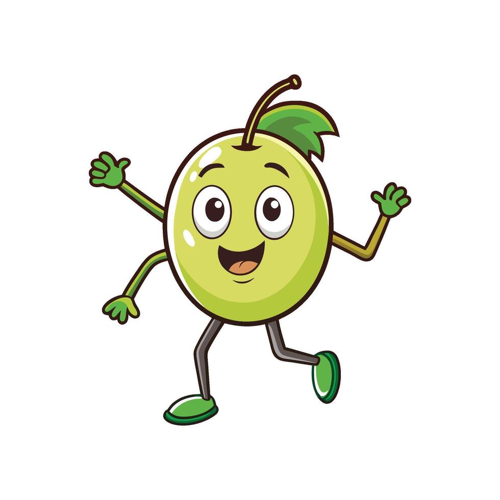 Cartoon green apple character cheerfully walking and waving hands vector