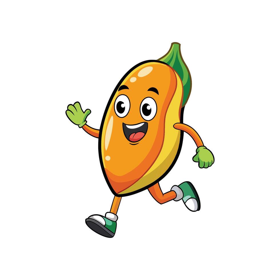 Cartoon running mango character with cheerful expression and waving hand vector