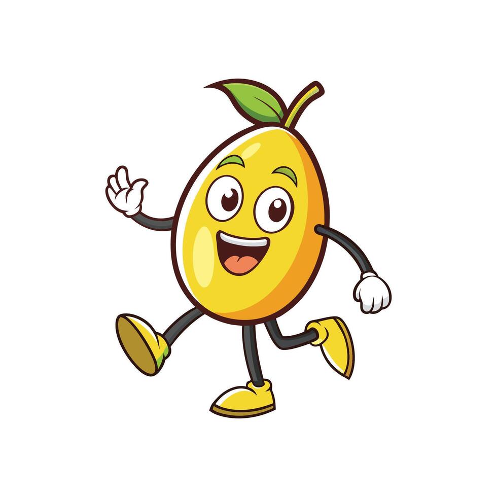 Cheerful mango cartoon character waving and walking on white vector