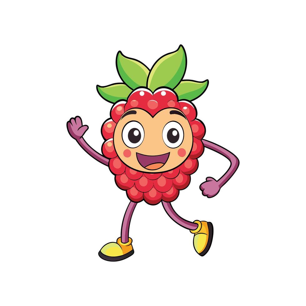 Joyful raspberry cartoon character waving hello cheerfully vector