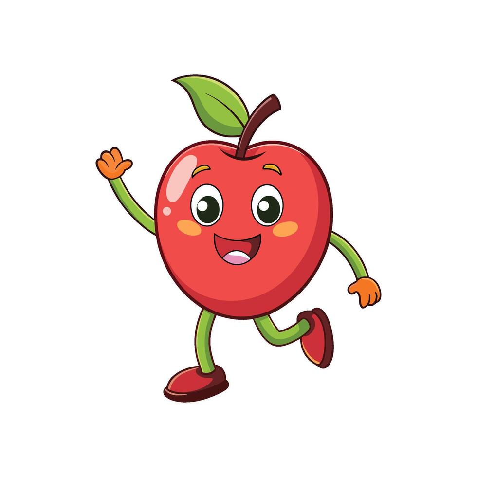 Cheerful apple character running and waving on white background vector