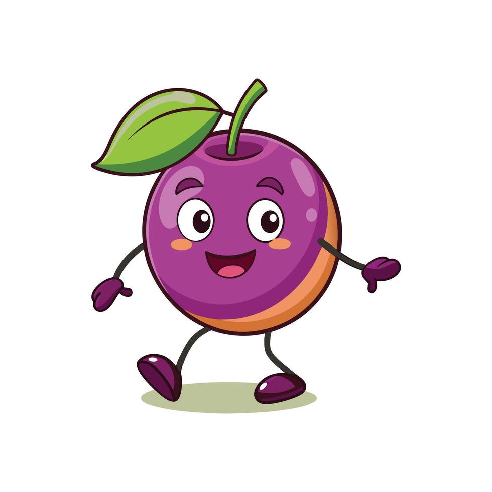Cartoon purple plum character with green leaf walking illustration vector