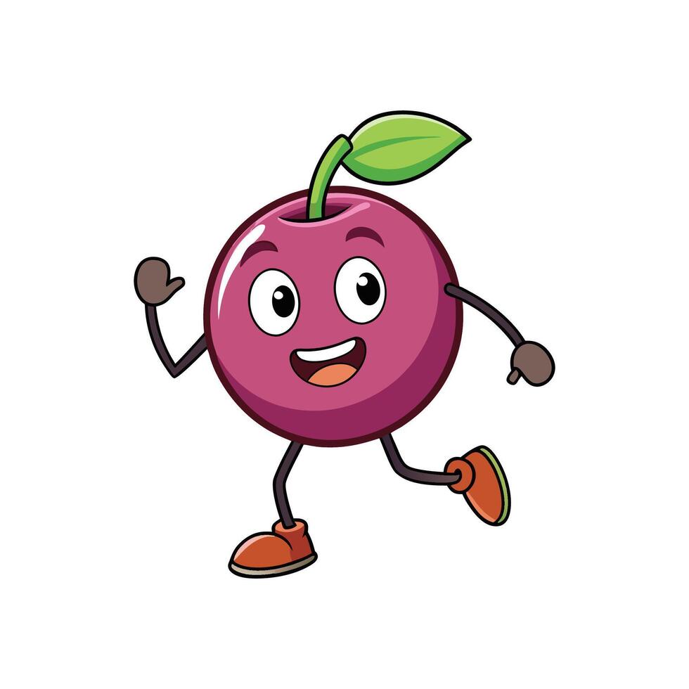Cheerful cherry cartoon character running with a happy face vector