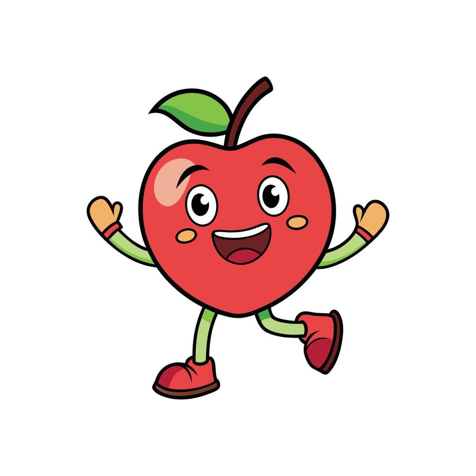 Cartoon illustration of a happy apple character running. Created with bold outlines and bright colors in a cheerful style. vector
