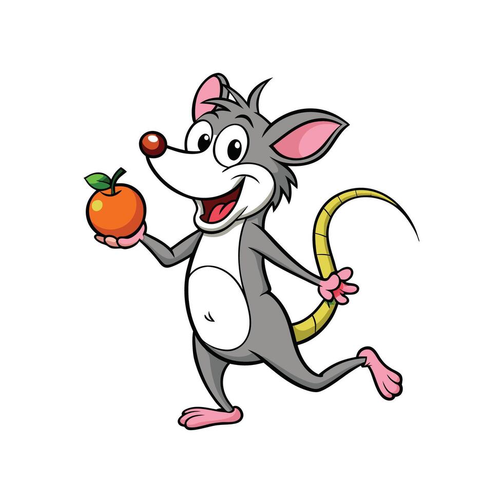Cartoon mouse character with an orange on white background. vector