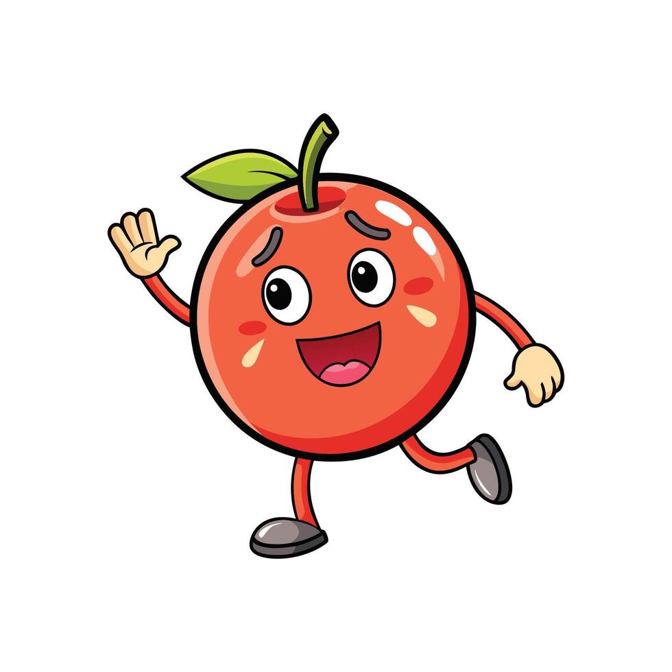 Cartoon style illustration of a happy apple character walking and waving. The overall aesthetic is clean and cheerful. vector