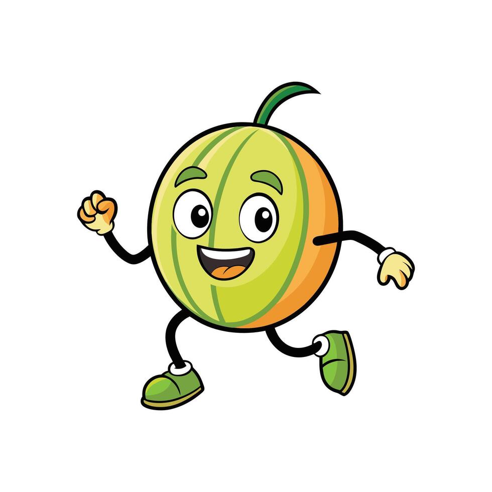 Cartoon cantaloupe character running with happy expression and sneakers vector