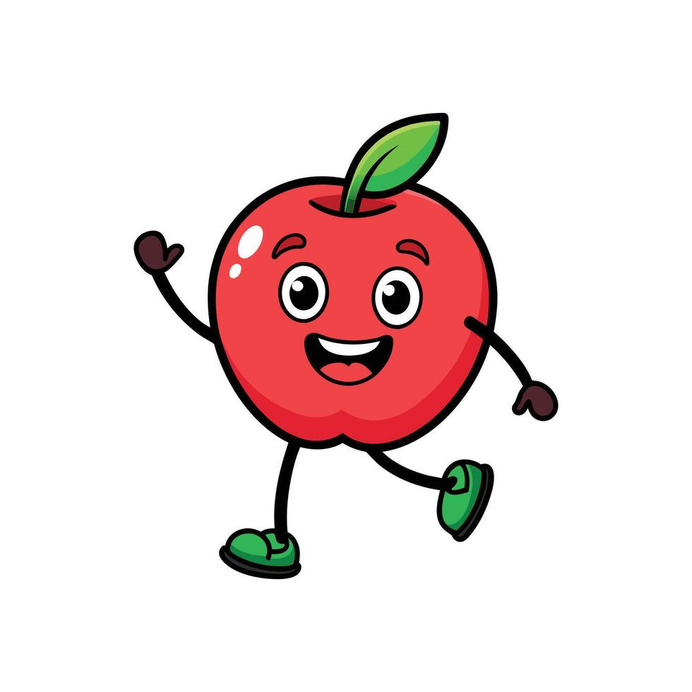 Cheerful cartoon apple character joyfully walking and waving, designed in a simple and flat graphic style. vector