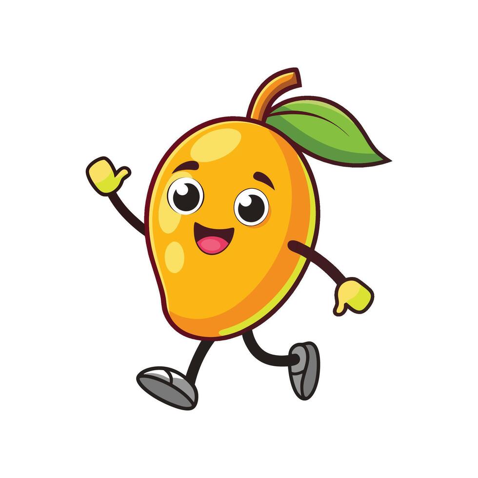 Cheerful mango character happily waves while walking forward vector