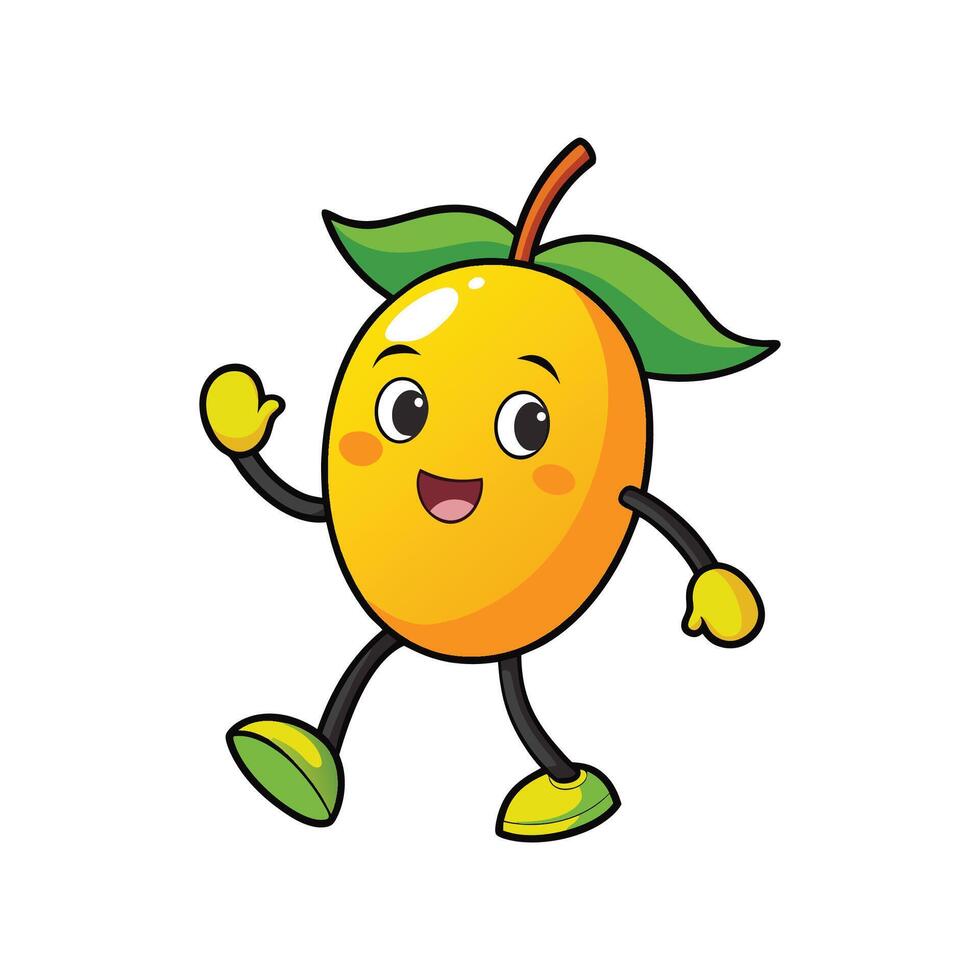 A cartoon mango character stands smiling and waving, set against a clean white backdrop. Its playful design features vibrant colors and a friendly expression. vector