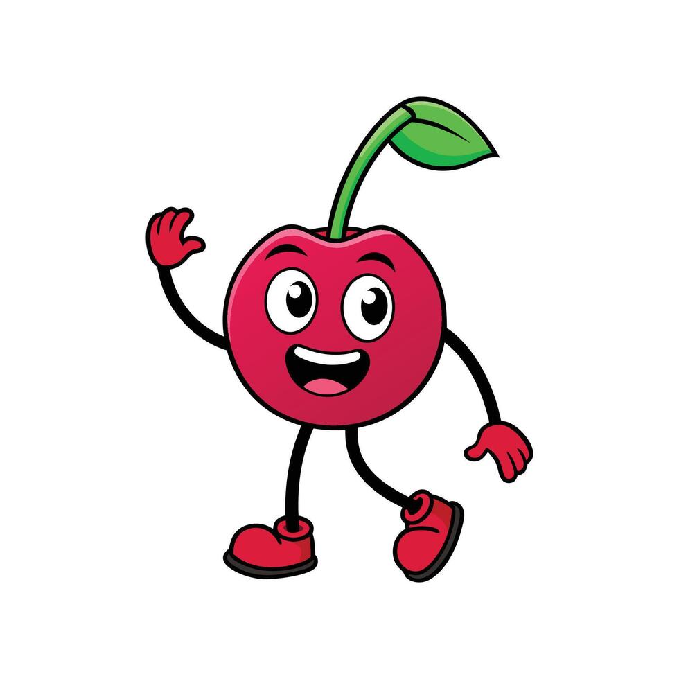 Cartoon cherry mascot character waving hello with a smile vector