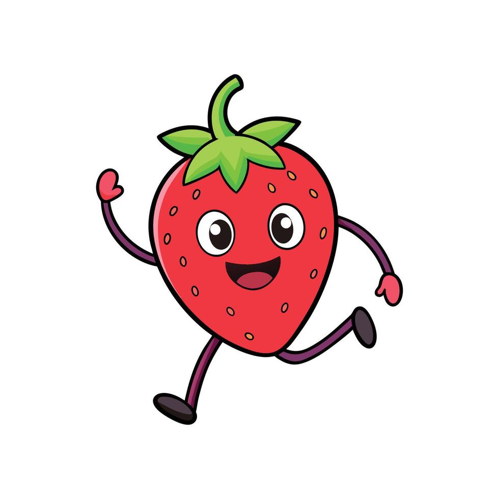 Cartoon strawberry character running joyfully on white background illustration vector