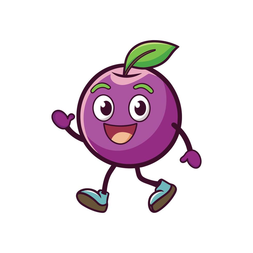 Cartoon plum character walking with smile on a white background vector