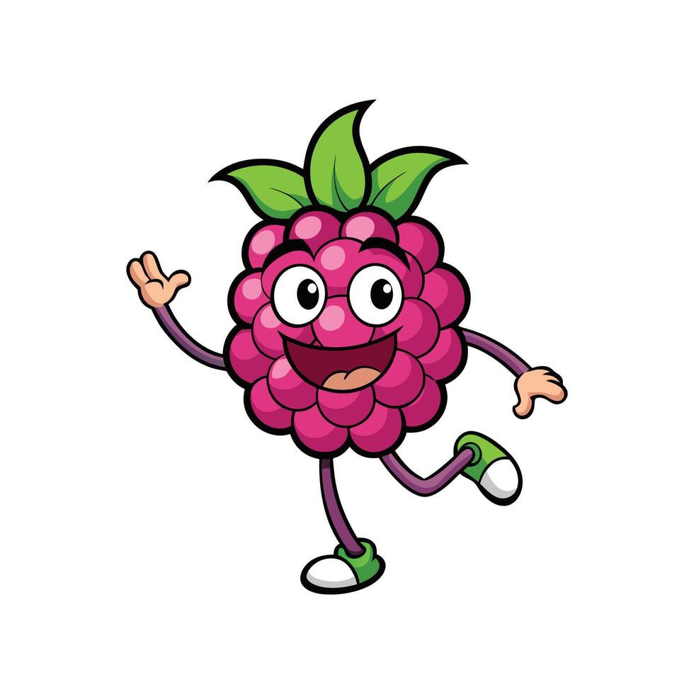 Cheerful cartoon raspberry mascot character waving and dancing vector