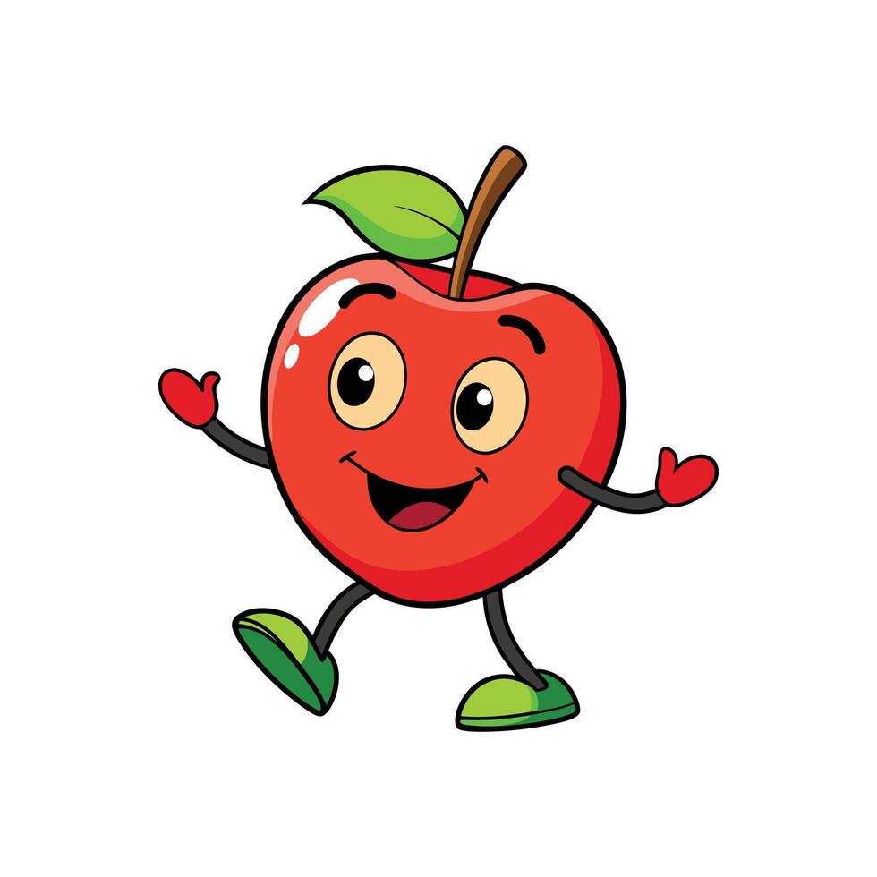 Cartoon red apple character walking happily on white background vector