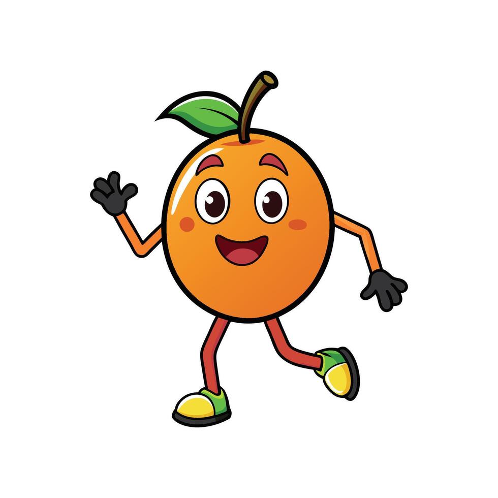 A cheerful cartoon orange character with a friendly expression is waving while walking. Flat illustration with bold outlines on a white background. vector