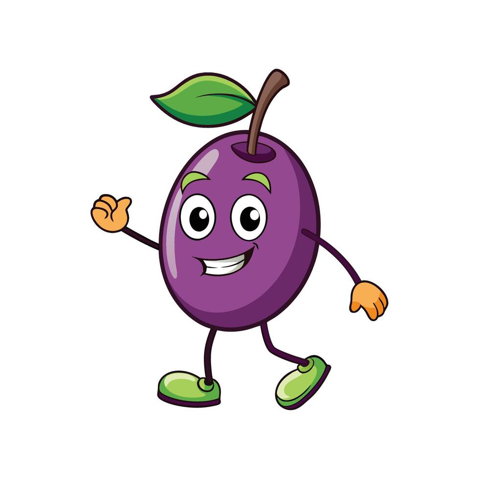 Cartoon plum character waving hello on white background vector