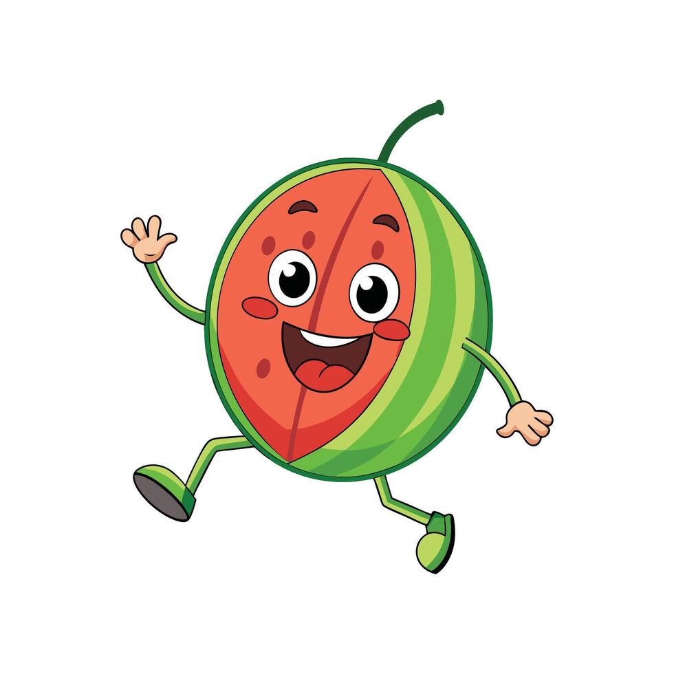 Cartoon watermelon character waving hand running happily isolated illustration vector
