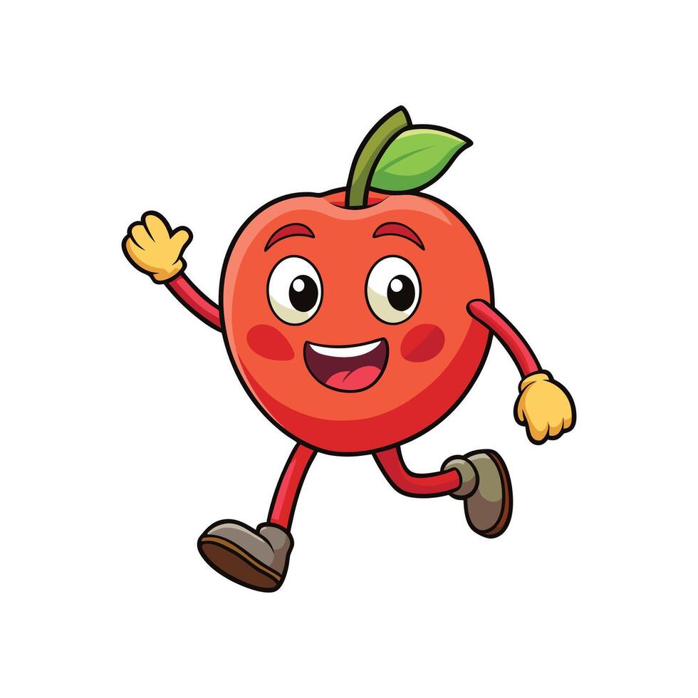Happy red apple character running with a friendly wave vector
