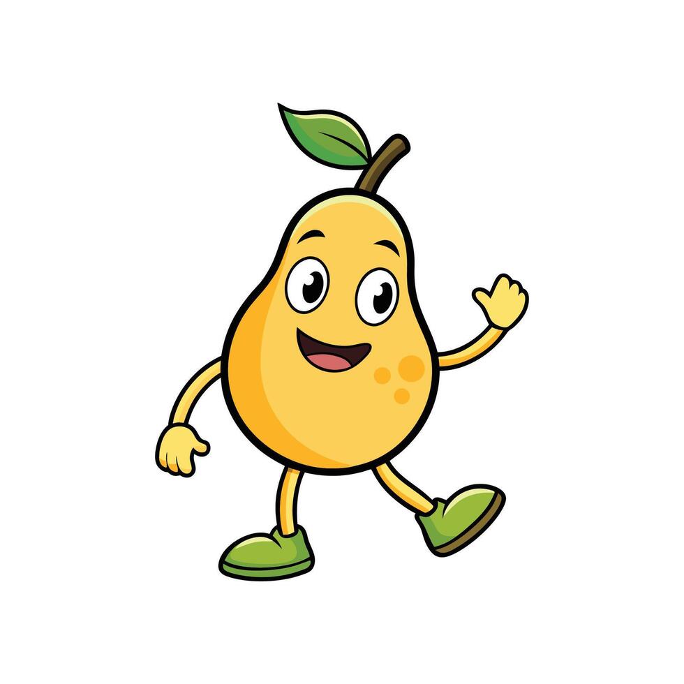 A cheerful yellow pear cartoon character waves with a smile, rendered in a vibrant, flat graphic style on a white background. vector