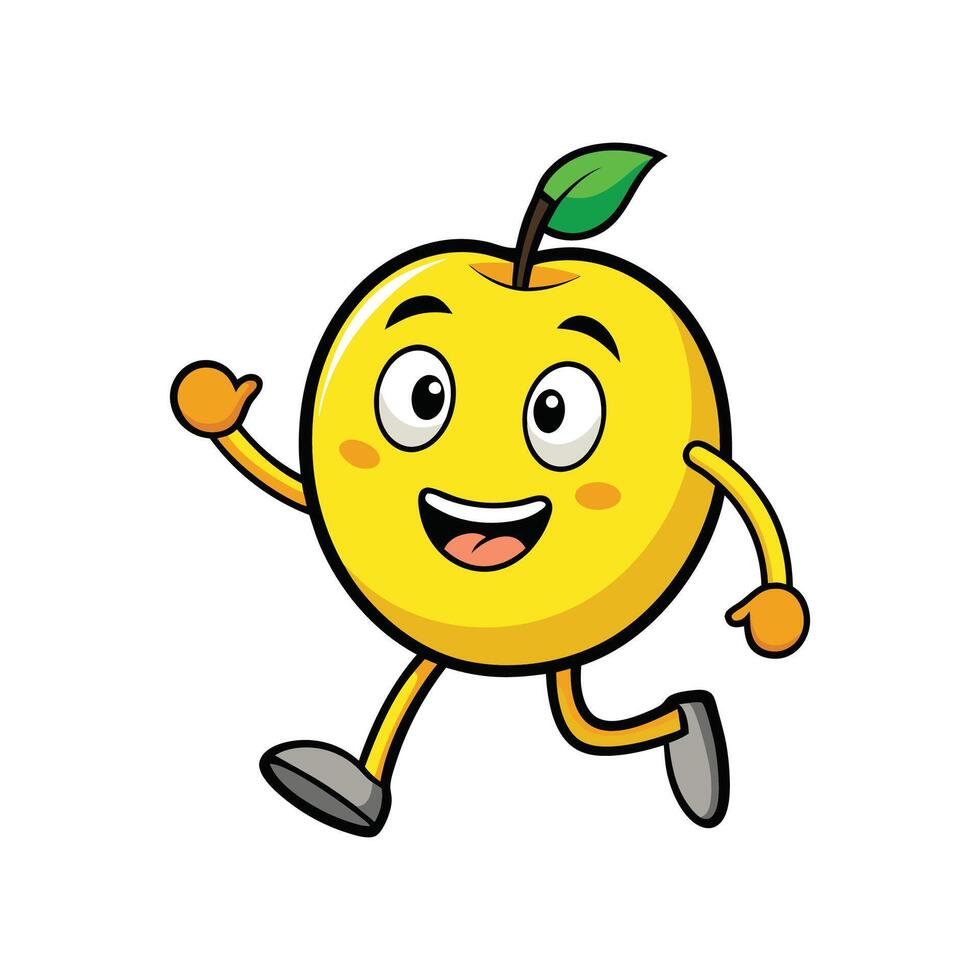 Cartoon yellow apple character running and waving happily vector