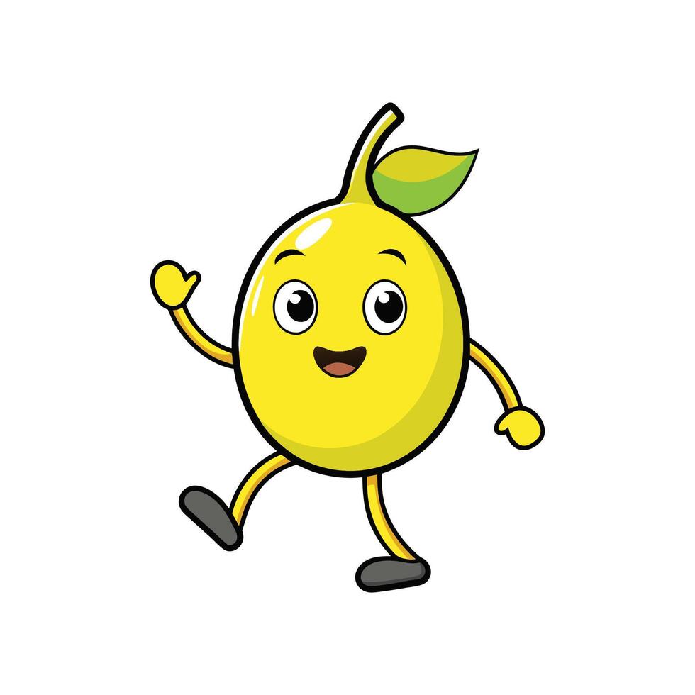 Cheerful lemon cartoon character walking and waving hello illustration vector