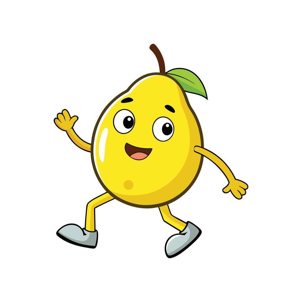 Cartoon illustration of a happy yellow pear character walking and waving. The style is flat and cheerful with bright colors. vector