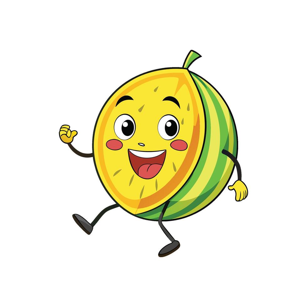 Cartoon Melon Character Runs Joyfully Against White Background vector